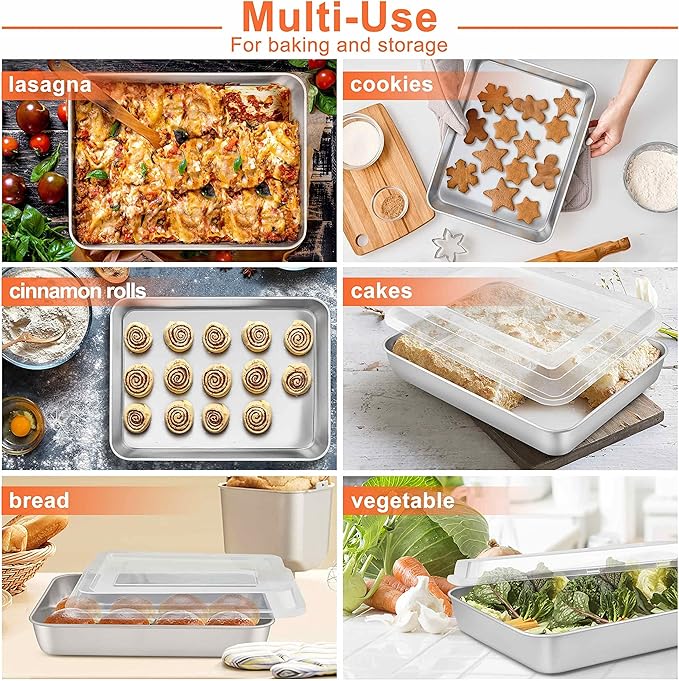 Herogo Rectangle Cake Pan Set of 2, 9 X 13 Inch Stainless Steel Baking Pan for Oven, Lasagna Brownies Casseroles Cakes Bakeware, Dishwasher Safe