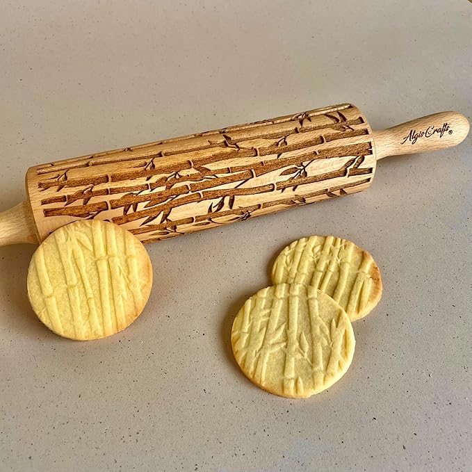 BAMBOO Embossed Rolling Pin for Ceramic. Clay Roller and Ceramic Stamp for Embossing Pottery. Baking Gifts for Women by Algis Crafts for Embossed Cookies