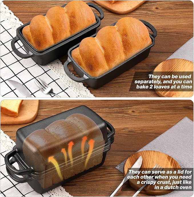 2 in 1 Cast Iron Bread Pan with Lid, Durable Loaf Pans for Baking Homemade Sourdough and Meatloaf, Bread Oven Cast Iron Cookware, Bread Loaf Pan, Sourdough Baking Pan