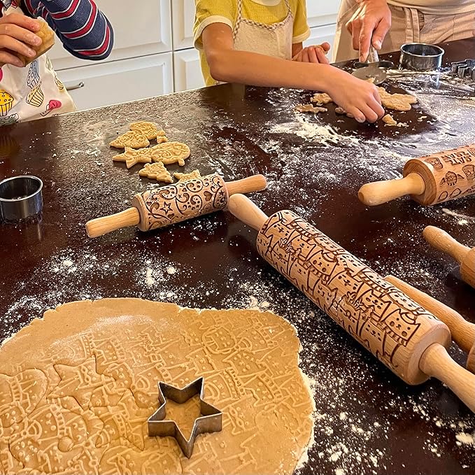 CATS 3 Mini Embossed Rolling Pin Set – Wooden Laser-Engraved Textured Rolling Pins for Cookies, Modeling Clay, Ceramics – Various Cat Patterns by Algis Crafts