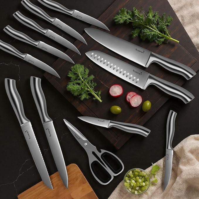 Kuisine Sharp Chef Knife Set with block, One piece Molding High Carbon Stainless Steel Forged,Ergonomic Non-slip Handle Knife Block Set with built-in Sharpener Upgraded (Silver Nature,15PCS)