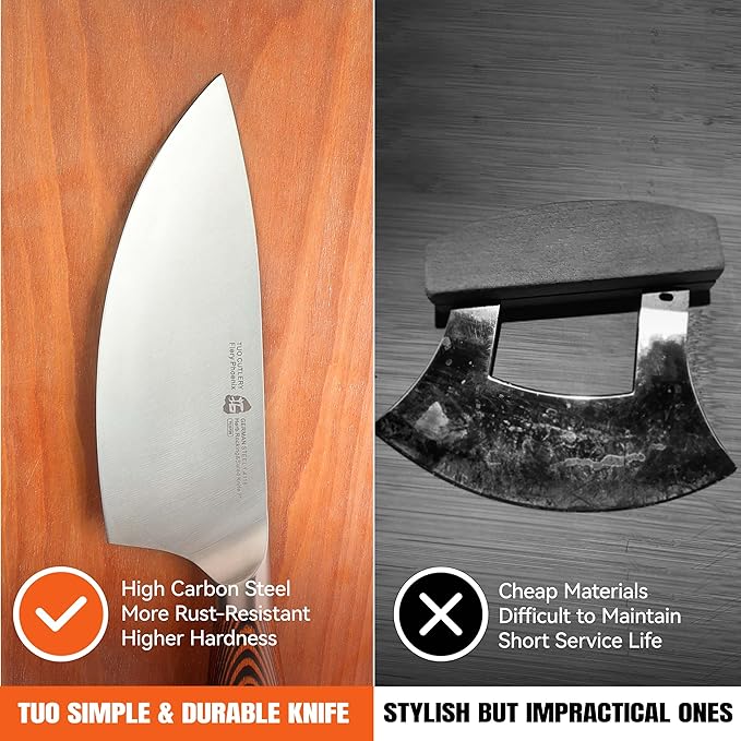TUO Rocker Knife, 7 inch Salad Chopper Chef Knife for Herb Rocking and Veggie Chopping, Vegetable Cleaver in High Carbon Steel with Ergonomic Handle - Fiery Phoenix Series