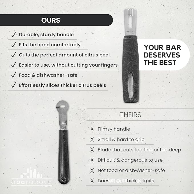 A Bar Above Black Handle Stainless Steel Channel Knife, Chef-Grade Citrus Garnish Tool, Zester and Fruit Peeler for Cocktails, Culinary Presentation, and Kitchen Use