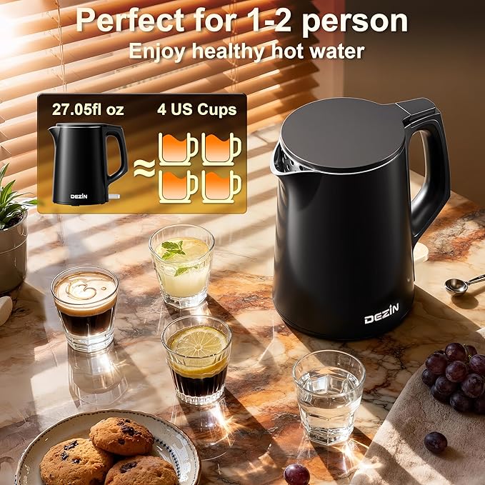 Dezin Electric Kettle, 0.8L Small Electric Kettle with Double Wall Construction, 304 Stainless Steel Electric Tea Kettle for Business Trip, Portable Travel Kettle with Auto Shut-Off (Without Cup)
