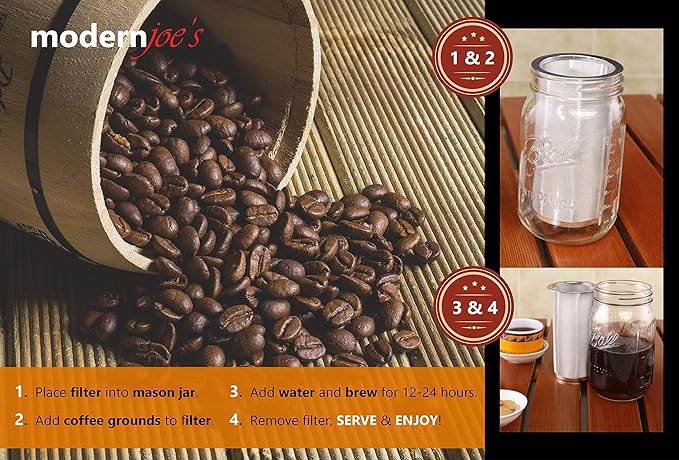 MODERNJOE'S Premium Cold Brew Coffee Filter for 1 Quart Wide Mouth Mason Jars. Cold Brew Coffee Maker. Perfect for Iced Coffee and Tea. 50 Micron EXTRA Fine Mesh 304 Stainless Steel