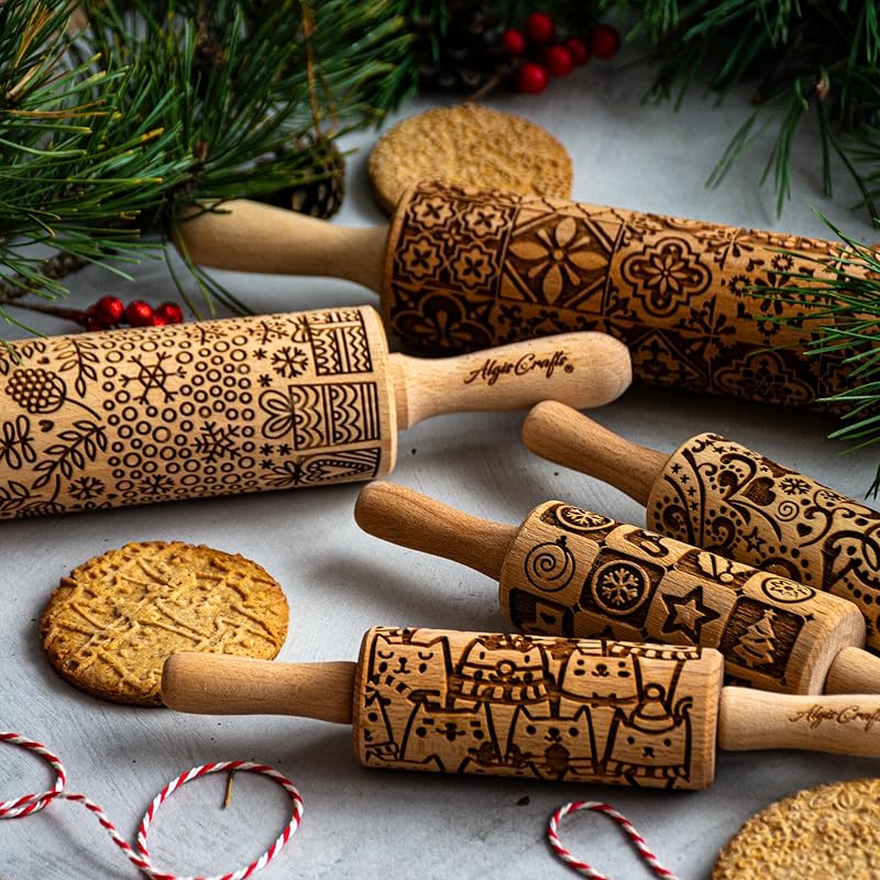 GOLDEN DAISIES Embossing Rolling Pin with Ornamental Bloom Pattern – Dough and Clay Roller for Embossed Cookies and Pottery - Cookie and Ceramic Stamp - Baking Gifts for Women by Algis Crafts