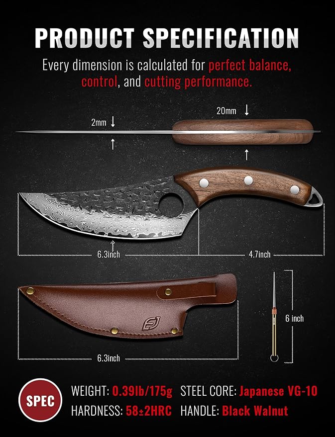 Emojoy Damascus Chef Knife, 67-Layer Damascus Steel Kitchen Knife with Black Hammered Finish, Japanese Knives for Home, Outdoor Cooking, BBQ, Include Gift Box, 6.3 Inch
