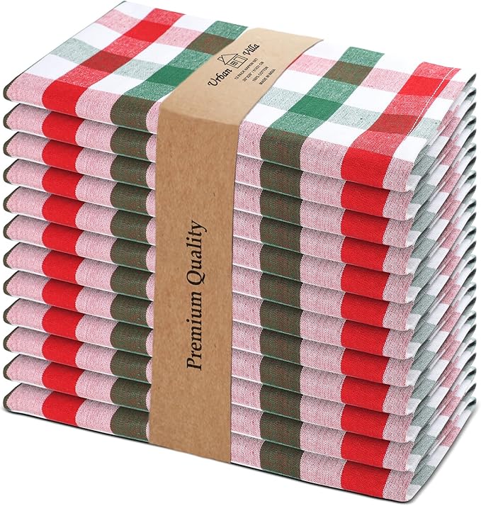Urban Villa Cloth Dinner Napkins Set of 12 Highly Absorbent Soft Premium Dinner Napkins 20x20 Inches, Hotel Quality Reusable & Washable Table DinnerNapkins for Home (Christmas Buffalo Checks)