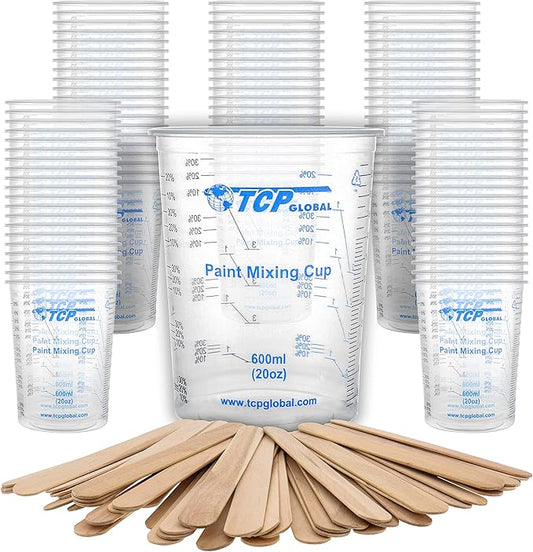 TCP Global 20 oz. (600ml) Graduated Plastic Mixing Cups - Box of 100 with 50 Mixing Sticks - Disposable Plastic Measuring Cups for Liquids, Paints, Resin, Epoxy, Art, Kitchen - Ratios 2-1, 3-1, 4-1 ML