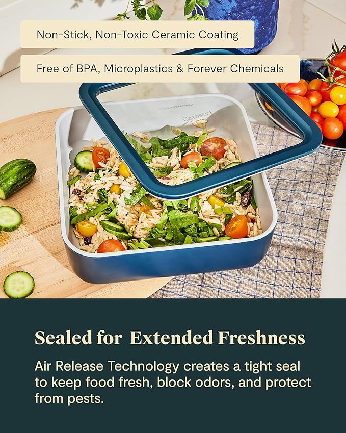 Caraway 6pc Glass Food Storage Set – 10 Cup Food Containers (6) - Ceramic Coated - Non Toxic, Non Stick with Lids - Microwave Safe - Perracotta