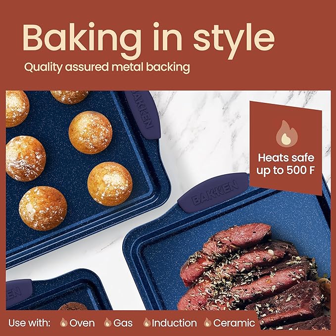 BAKKEN Kitchen Baking Pan Set - Nonstick Coating, Carbon Steel Bakeware Sets with Blue Silicone Handles, Baking Kitchen Essentials, PFOA, PFOS, PTFE Free, Oven Safe Tray (Up To 450° F), Set of 18