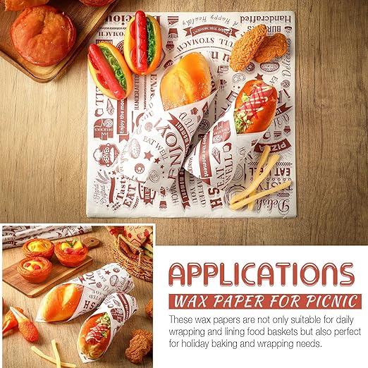 600 Pcs 12 x 12 Inch Deli Wax Paper Sheets Grease Resistant Tray Basket Liners Newsprint Paper Water and Grease Proof Sandwich Wrapping Square Hot Dog Wrappers for Food Baking (Brown on White)