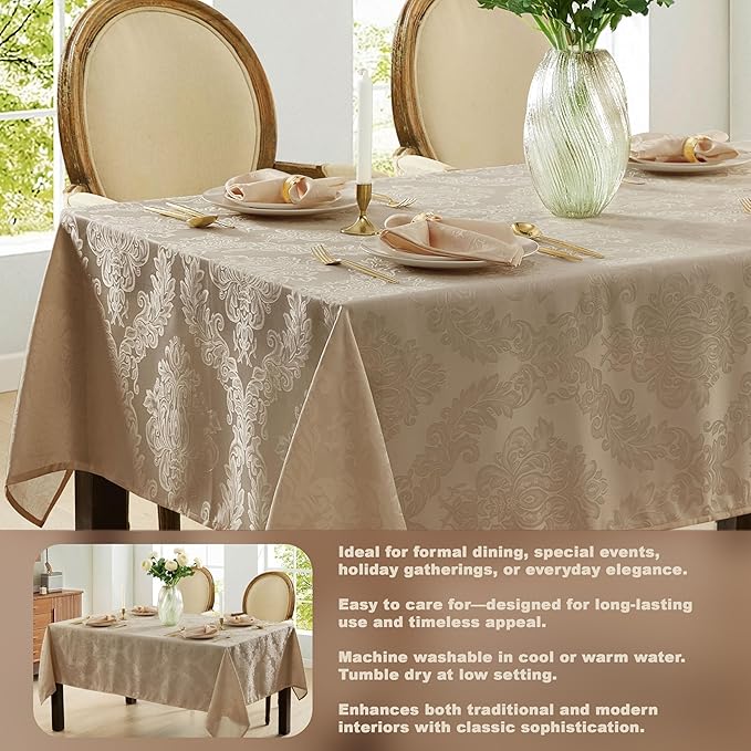 Newbridge Barcelona Luxury Damask Fabric Tablecloth, 70” Extra Wide x 144” Rectangle, Golden Beige, 100% Polyester, No Iron, Soil Resistant Dining Room, Party and Banquet Table Cover
