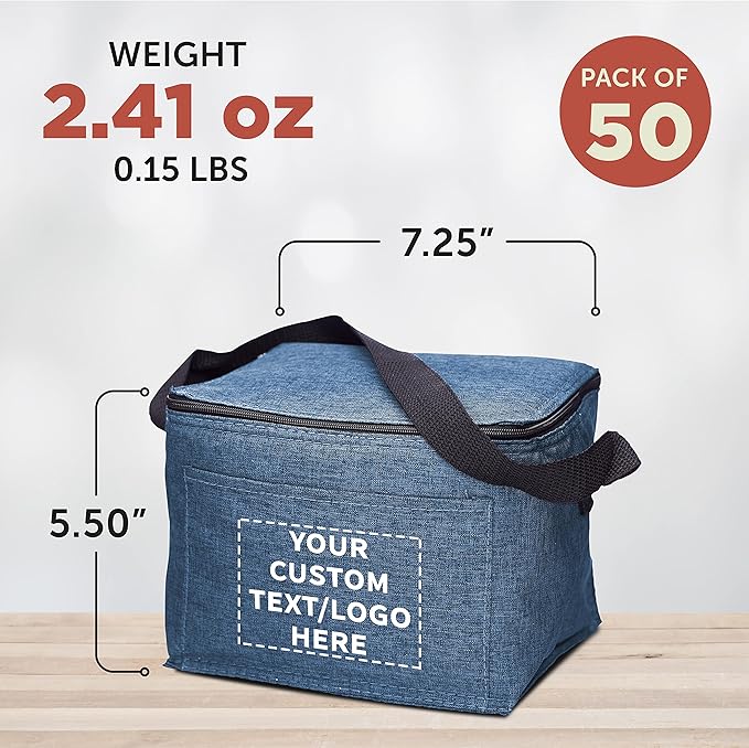 DISCOUNT PROMOS Custom Insulated Cooler Lunch Bag Set of 50, Personalized Bulk Pack - Perfect for Work, Travel, Outdoor Events - Blue