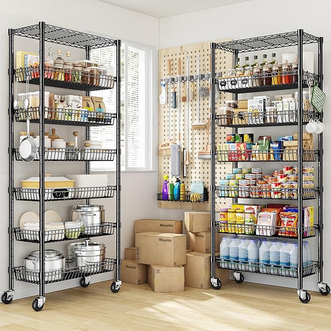 7 Tier Wire Shelving with Wheels 72" H Adjustable Basket Shelf Storage Shelves with Hooks for Kitchen Bathroom Pantry Shelves Closet Laundry Room Organization 72" H x 30" W x 14" D, Black