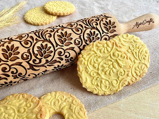 Embossing Rolling Pin FLOWERING VINE. Laser Engraved Dough Roller with Climbing Flowers Pattern for Embossed Cookies or Pottery by Algis Crafts