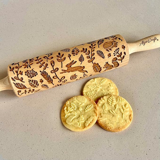 FOREST ANIMALS Embossing Rolling Pin. Laser Engraved Dough Roller for Embossed Cookies Fondant or Pottery by Algis Crafts