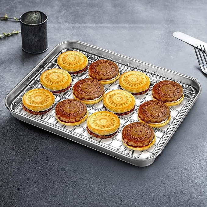 Baking Sheet with Rack Set, Yododo Set of 4 (2 Sheets + 2 Racks), Stainless Steel Cookie Sheet Baking Pan Tray with Cooling Rack, Non Toxic & Heavy Duty & Easy Clean - Size of 9 inch