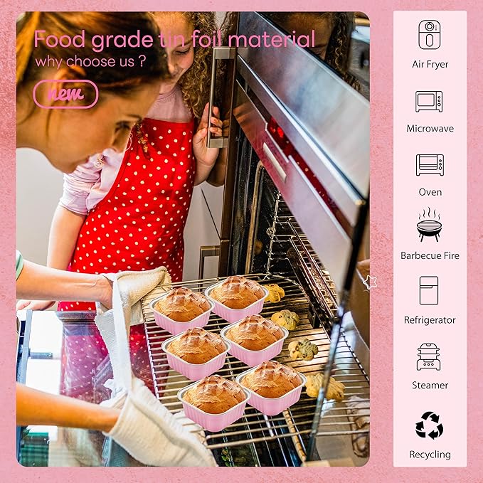 50 Pcs Mini Square Baking Cups with Lids and Spoons Aluminum Foil Mini Cake Pans with Lids Disposable Ramekins Cake Pans Dessert Cups for Wedding Birthday Party(Pink,10oz)