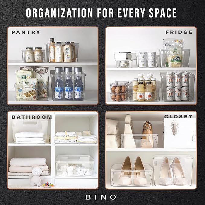 BINO Plastic Storage Containers, Small - 4 Pack THE LUCID COLLECTION, Multi-Use Organizer Bins Built-In Handles BPA-Free Clear, Fridge, Pantry & Home Organization