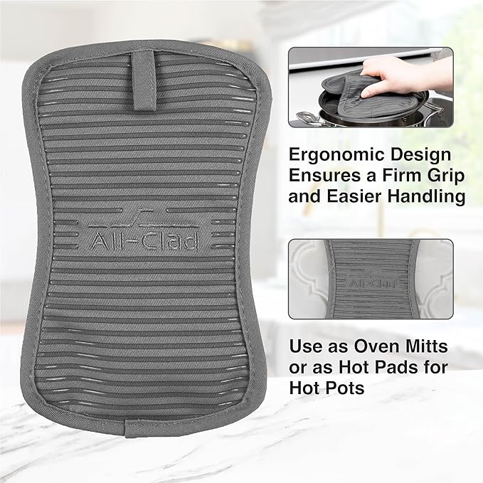 All-Clad Premium Pot Holder & Hot Pad: Heat Resistant to 500 Degrees - 100% Cotton, 10""x6.25"" Hot Pad for Kitchen and Barbeque, (1-Pack), Pewter