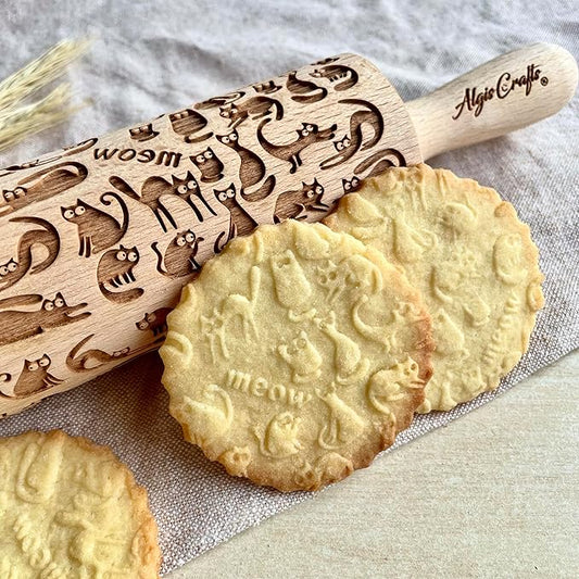 Embossing rolling pin Meow CATS. Wooden embossing rolling pin with cats. Wooden rolling pin for embossed cookies. Kitty