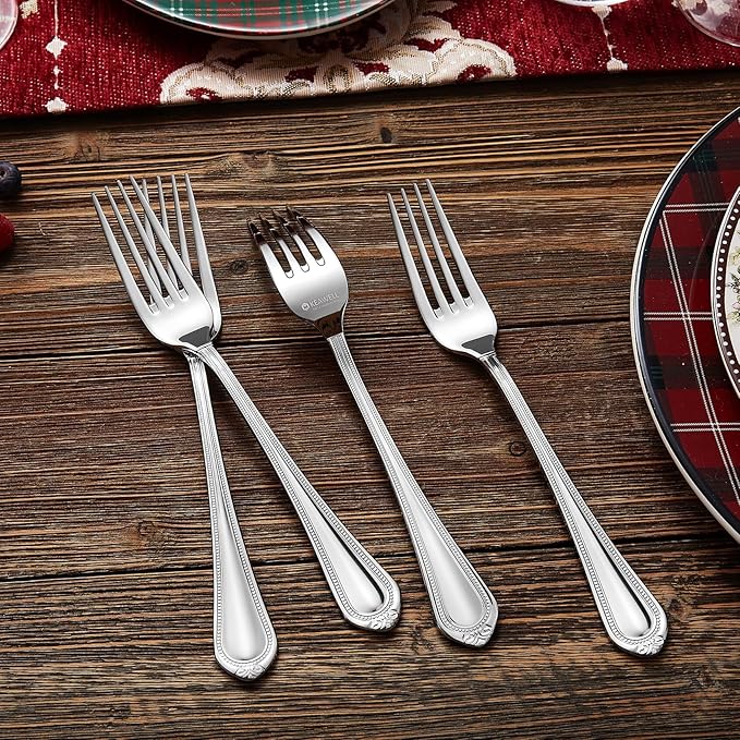 KEAWELL Pearl Edge 4-Piece Premium Fork Set, 18/10 Stainless Steel, Fine Silverware with Mirror Finish, Dishwasher Safe (4, 8" Dinner Forks)