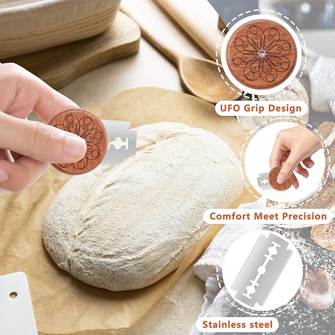 UFO Bread Lame Cutter for Homemade Sourdough,Bread Scorer Tool for Sourdough with 5 Blades and Storage Cover,Slashing Tool Bread Cutting Knife for Artisan Bread and Makers (Circle-brown)