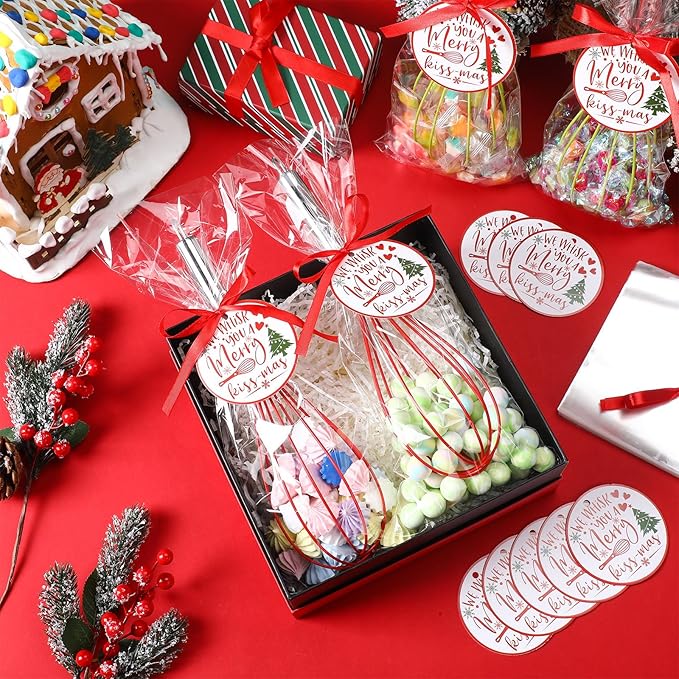 72 Sets 12 Inch Christmas Whisks Gifts DIY Fillable Christmas Tree Ornaments Xmas Colored Silicone Whisks for Cooking Heat Resistant Egg Beaters with Card Rope Bag for Candy Holder