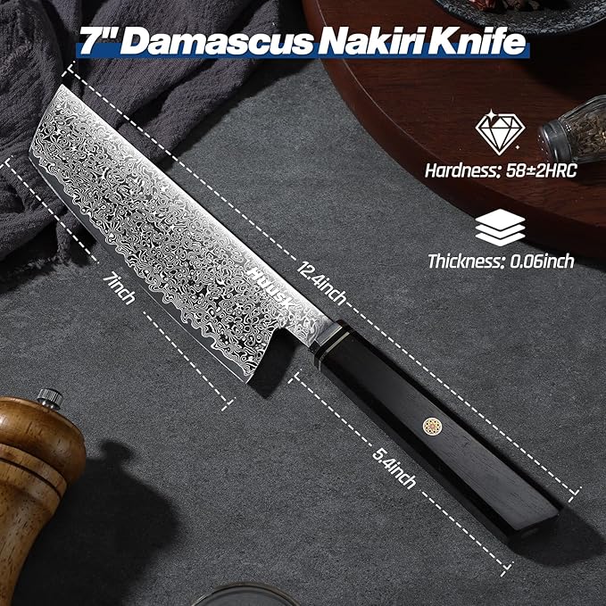 Huusk Damascus Nakiri Knife 7 Inch, Japanese Chopping Chef Knives, Razor Sharp Cleaver and Vegetable Knife with Ergonomic Wood Handle, Damascus VG-10 Kitchen Knife, Birthday Cooking Gifts for Men