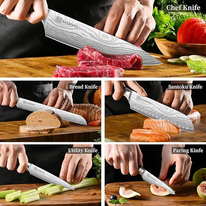 KEEMAKE Knife Set 5 Pieces, Professional Kitchen Knife Set, High Carbon Stainless Steel Chef Knife Set, Ultra Sharp Blade Knives Set for Kitchen with Ergonomic Pakkawood Handle & Gift Box