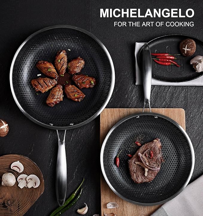 MICHELANGELO Stainless Steel Frying Pan Set with Lids, 8 & 10 Inch Frying Pans Nonstick, Stainless Steel Fry Pan Set, Honeycomb Pans for Cooking, Skillet with Lid - Induction Compatible