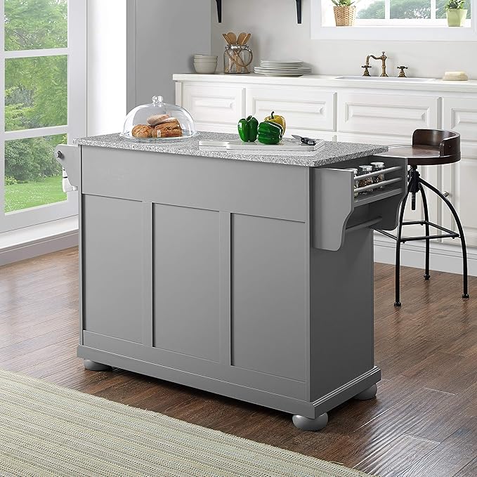 Crosley Furniture Alexandria Granite Top Rolling Kitchen Island Storage Cart, Microwave Stand, Spice Rack, Gray