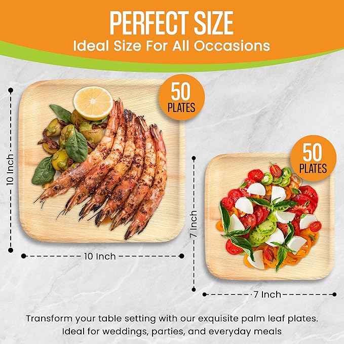 Raj Palm Leaf Plates Bulk [50-Pack] 10" & 7" Square Plates (2 CASES - 100 PACK) like Bamboo plates Disposable, Strong, Decorative Compostable Tableware for weddings, Lunch, Dinner