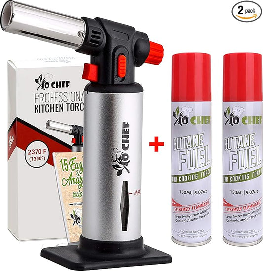 Jo Chef Kitchen Torch with Butane Included – Refillable Lighter with Safety Lock & Adjustable Flame, Blow Culinary Torch for Cooking, BBQ, Creme Brulee, DIY and Soldering - 2 Cans (5.07oz) Included