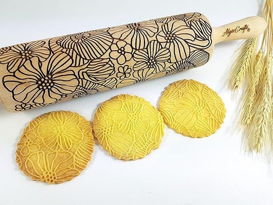 POPPY Embossing Rolling Pin with Wildflower Corn Poppies Pattern. Dough roller for embossed cookies and Pottery by Algis Crafts