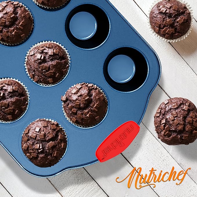 NutriChef 10-Piece Nonstick Bakeware Set - Deluxe Carbon Steel with Blue Silicone Coating, Red Handles, Professional Grade Kitchen Essentials, Ideal for Baking Cakes, Cookies, and More (Blue)