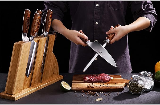 TUO Honing Rod, Sharpening Steel with Larger Diameter for Kitchen Knife Daily Sharpening Maintenance, High Carbon Steel Knife Sharpener Rod, Ergonomic Handle, 8 inch