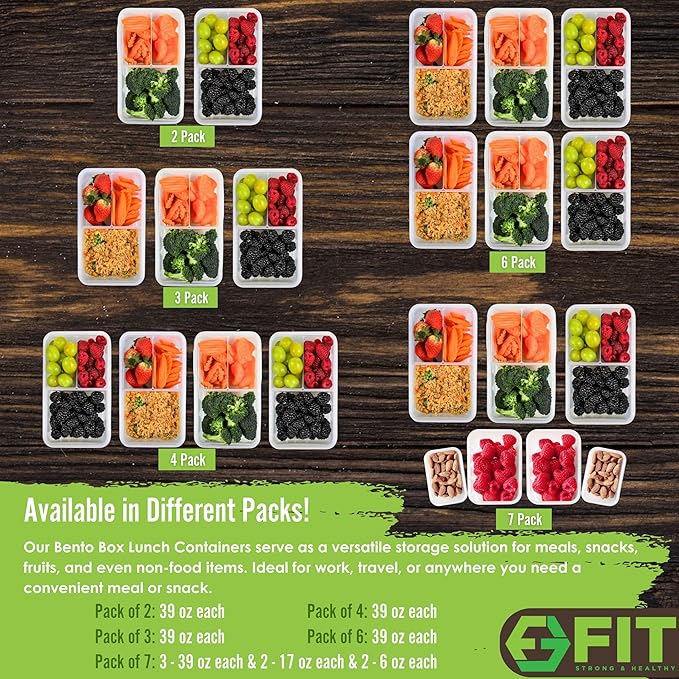Bento Box for Kids and Adults - Reusable Lunch Box Meal Prep Containers - 3 Compartment Snack Box Container with Airtight Lid - Dishwasher, Freezer, Microwave Safe Food Snack Storage (39 oz, 2 Pack)