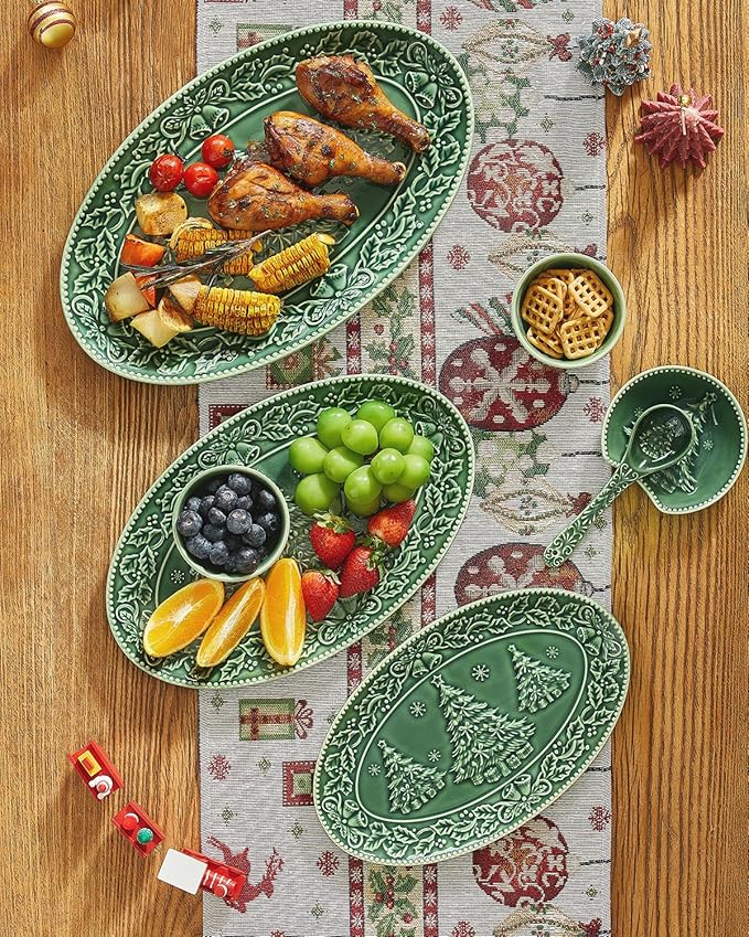 Christmas Tree Serving Platters, 14.5"/ 12.5"/11" Ceramic Oval Serving Trays, Green Serving Plates, Dishwasher and Microwave Safe, Set of 3