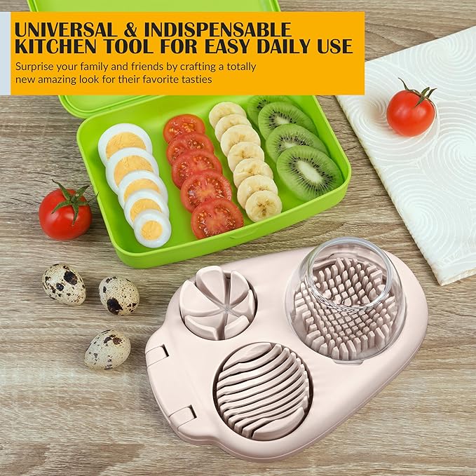 CraftyCrocodile Egg Slicer for Hard Boiled Eggs - 3 Slice Modes Egg Cutter, Heavy Duty, Stainless Steel Dicer - Kitchen Chopper Tool for Strawberry, Mushroom, Grape, Cherry Tomato - Light Beige
