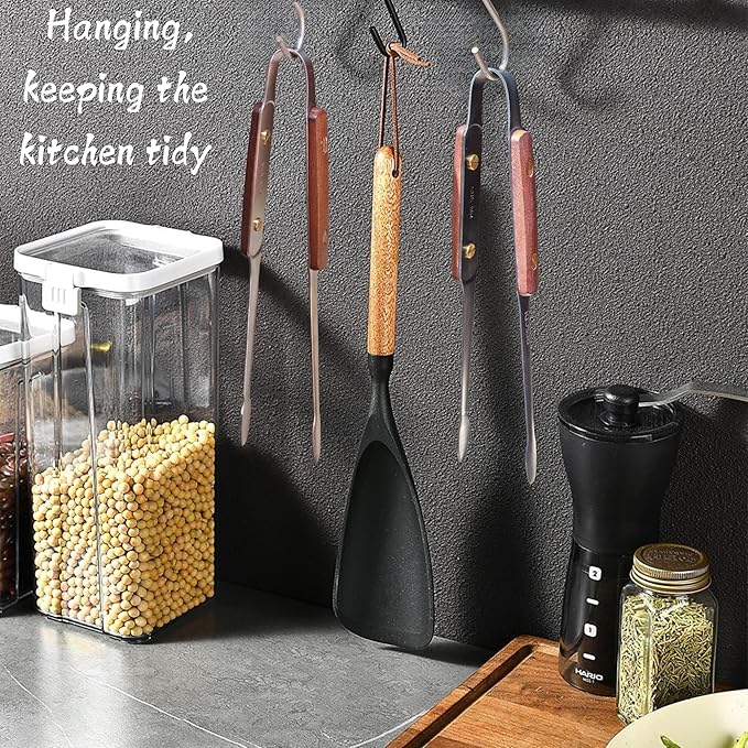 2 Pack Tongs for Cooking - 304 Stainless Steel & Walnut Wood, Comfortable Grip, Non-Slip Design, High Heat Resistant - Ideal for Kitchen, Barbecue & Frying Steak,9 Inch, silvery & back