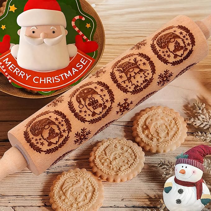 17" Premium Wooden Rolling Pins for Baking with Gnome Embossed Designs | 3mm Deep Springerle Cookie Molds | Christmas Rolling Pin & Baking Gifts for Women | Includes 3-in-1 Cleaning Brush