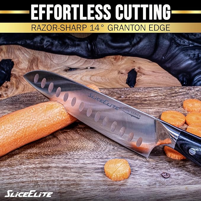 SliceElite Slice Series Santoku Knife 7 Inch High Carbon German Steel Blade Pakkawood Handle Dual Sheaths Kitchen Knife for Meat Cutting Chopping Chefs Cooking Tool Sharp Vegetable BBQ Knife Gift