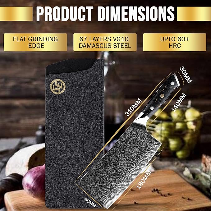 SliceElite Elite Series 7-Inch Damascus Bone Cutting Knife – VG10 Steel Blade with Forged Carbon Fiber Handle Infused with Gold Leaf, Sheaths Option (Bone Cutting Knife)