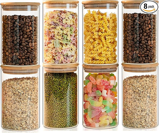 Liuruiyu Glass Food Storage Jars Set of 8,26oz-Glass Storage Containers Clear Glass Food Canister with Bamboo Lid Airtight For Serving Tea, Coffee, Flour,Candy, Cookie, Spice(Round-80CMx150CM)