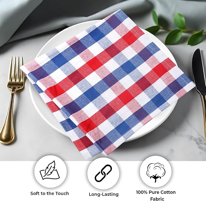 Urban Villa Cotton Dinner Napkins Set of 6, 20x20 Inche Soft Premium Cotton Napkins, Hotel Quality Highly Absorbent, Reusable & Washable Table Dinner Napkins (Red/Blue/White, Buffalo Checks)