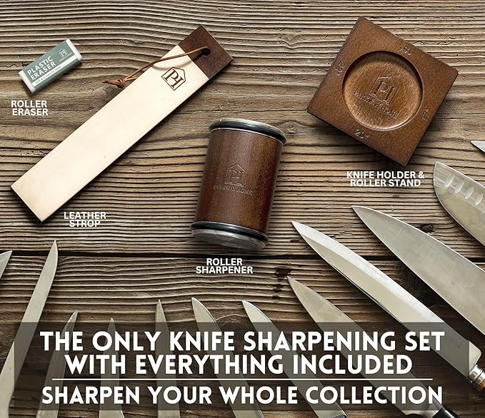 Rolling Knife Sharpener with Leather Strop and 15, 17, 20 & 22 Degree Angles - Knife Sharpener Kit - Roller Knife Sharpening System with Stand, Holder & Eraser - Walnut Brown
