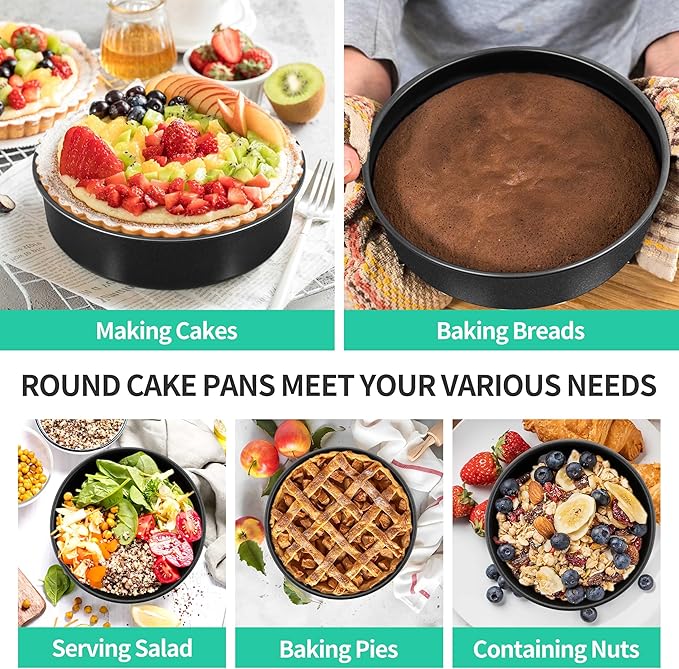 P&P CHEF Non-stick Cake Pan Set 4, 9.5 Inch Round Baking Cake Pans Tins for Tier Smash Cakes, Non-Toxic & Solid, Stainless Steel Core & Leak-Proof, 4Pcs