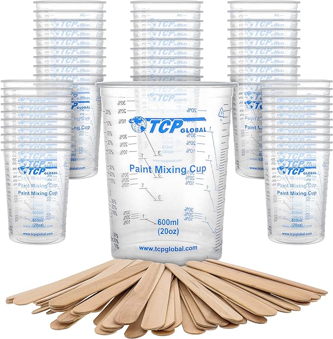 TCP Global 20 oz. (600ml) Graduated Plastic Mixing Cups - Box of 50 with 50 Mixing Sticks - Disposable Plastic Measuring Cups for Liquids, Paints, Resin, Epoxy, Art, Kitchen - Ratios 2-1, 3-1, 4-1 ML